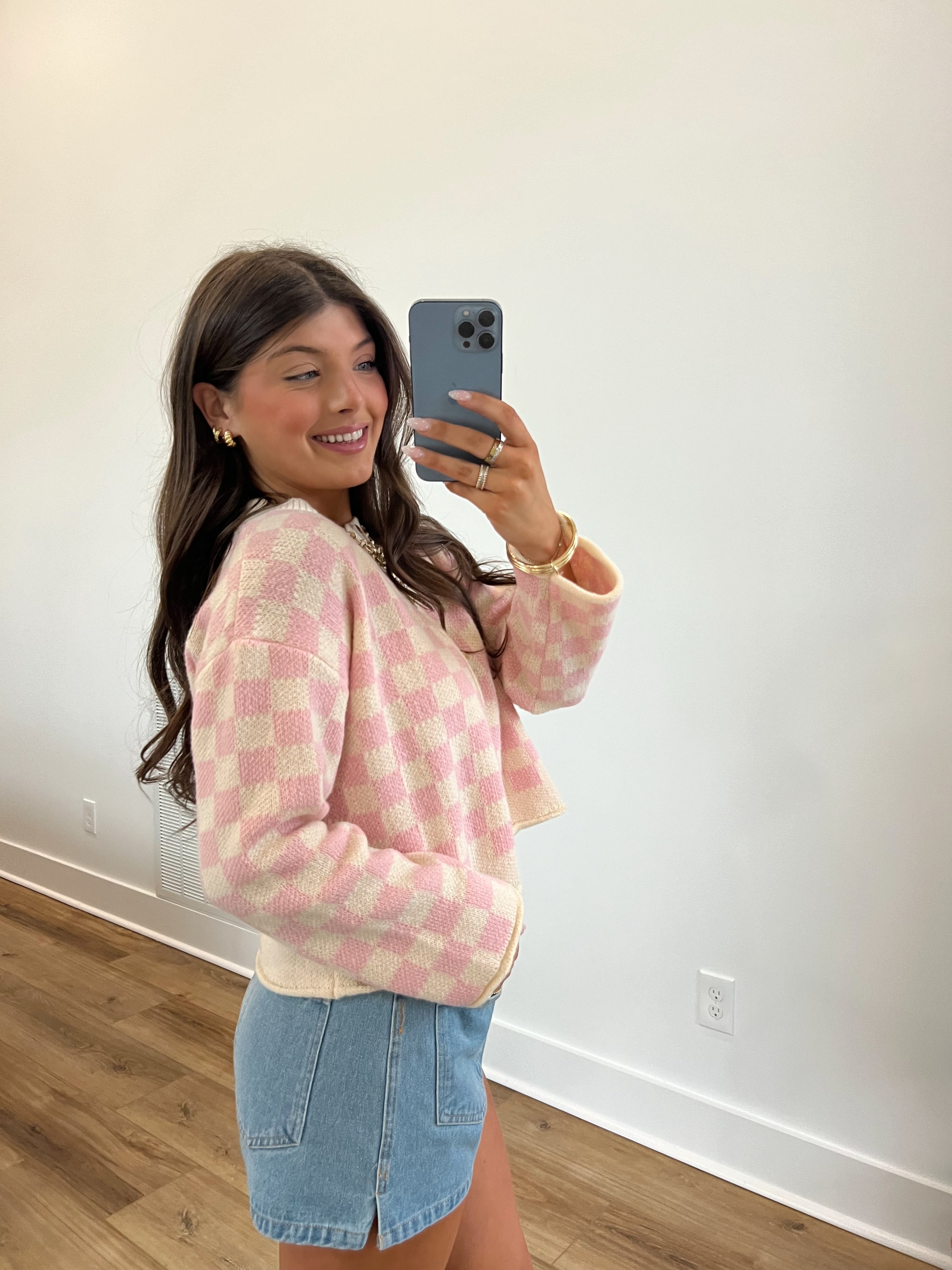 Pink Checkered Cardigan Top