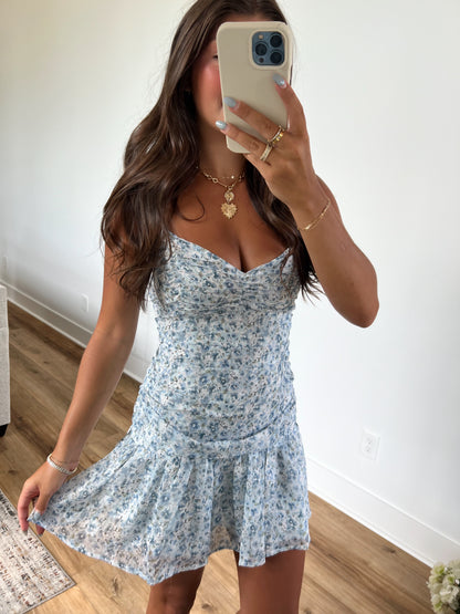 Blue Fitted Floral Mini Dress