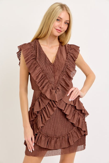 Brown Ruffle Back Cut-Out Mini Dress (Restock)