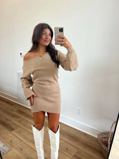 Tan Boat Neck Sweater Dress