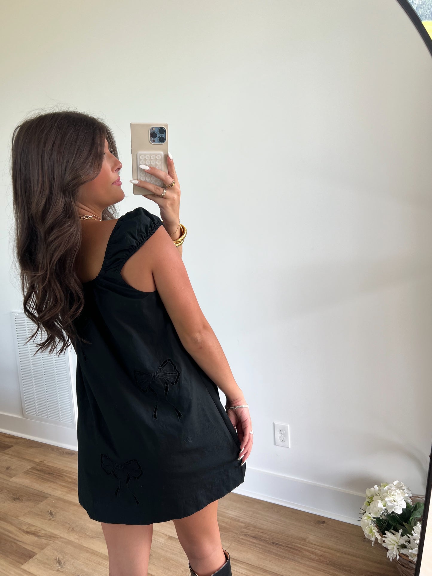 Black Bow Embroidered Mini Dress