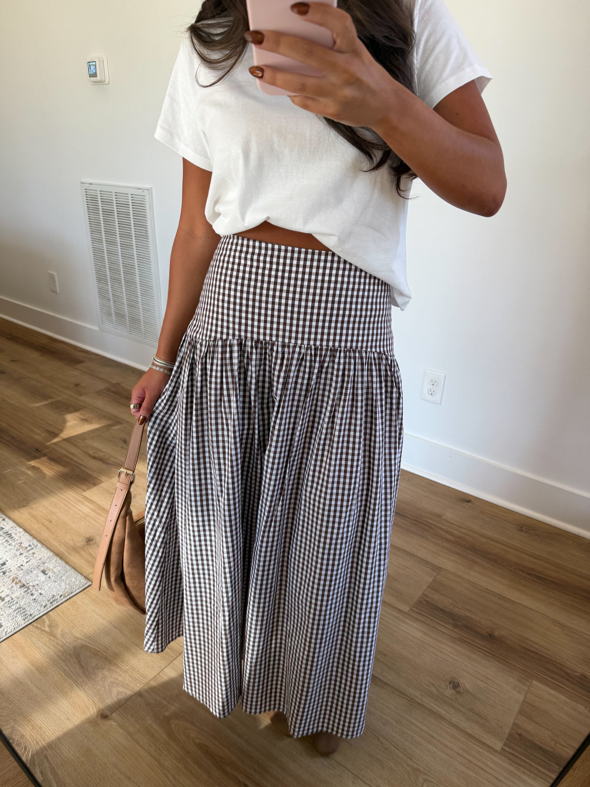 Brown Gingham Midi Skirt
