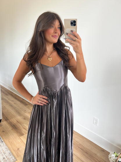 Grey Metallic Pleat Midi Dress