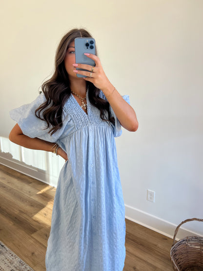 Baby Blue Puff Sleeve Midi Dress