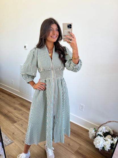 Green Stripe Fitted Waist Midi Dress