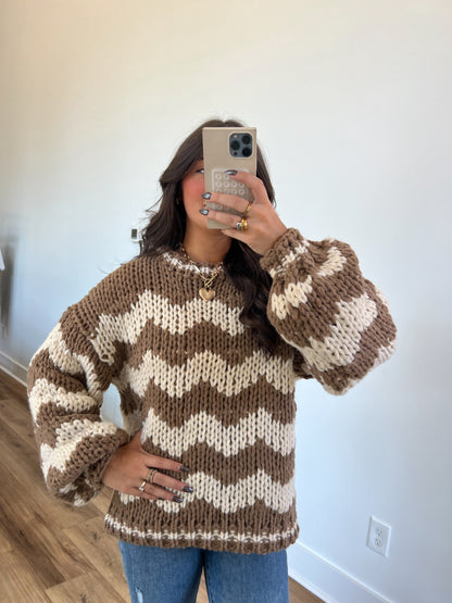 Cheveron Oversized Chunky Knit Sweater (Brown)