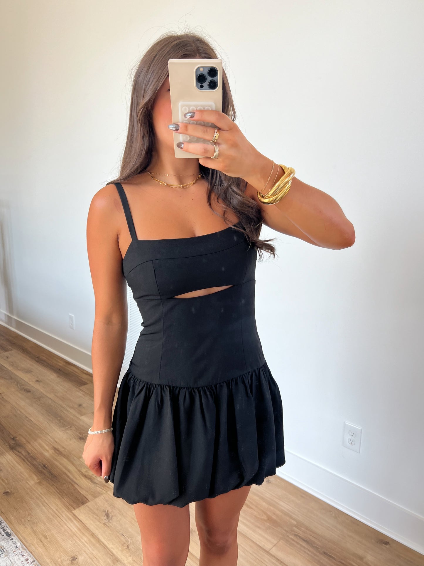 Black Bubble Front Cut Out Mini Dress