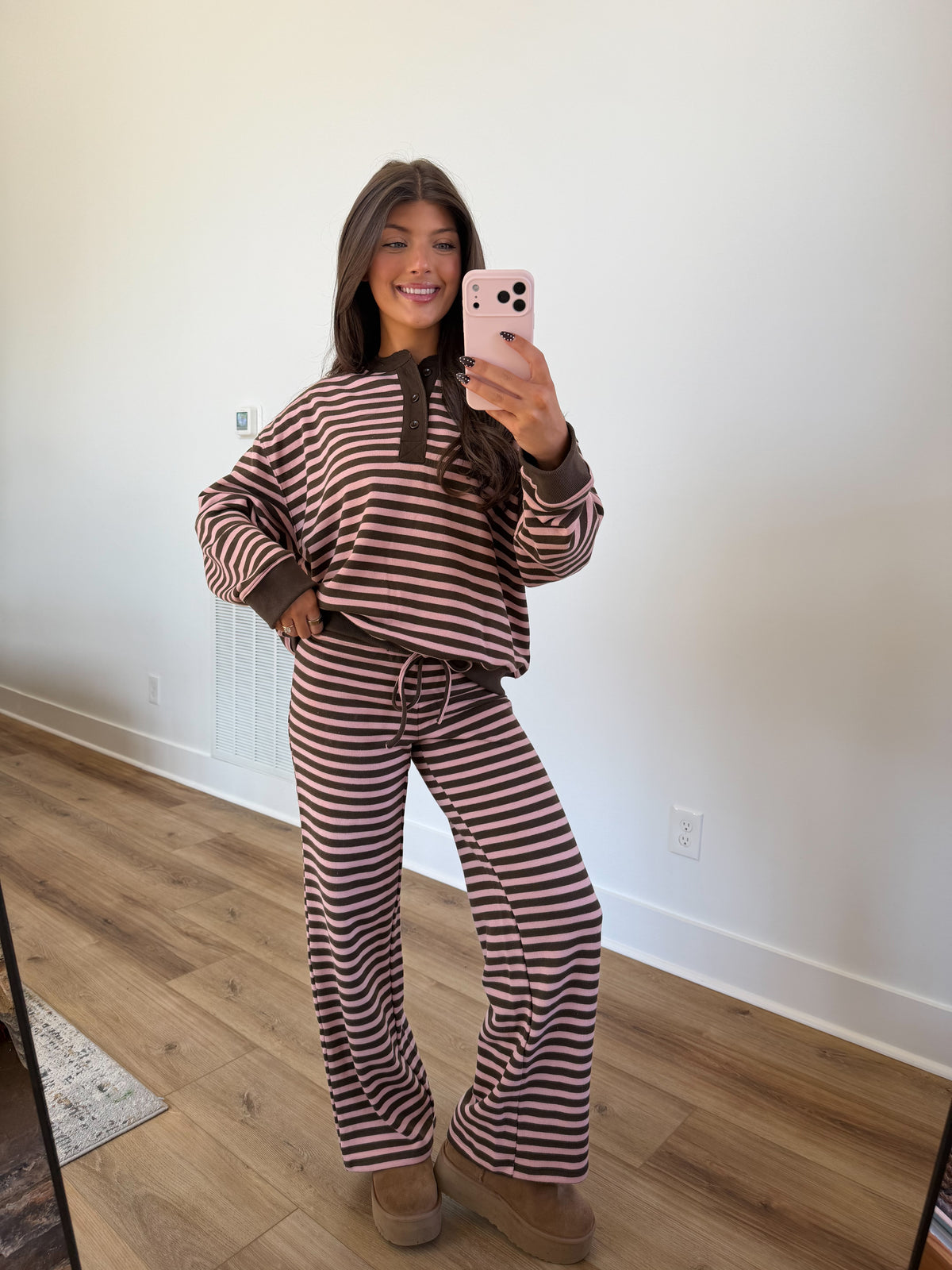 Stripe Henley Set (Pink/Mocha)