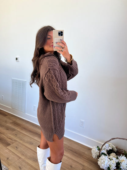 Brown Cable Knit Sweater Dress