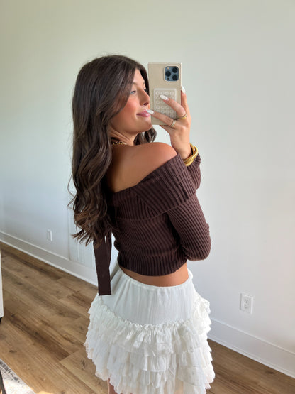 (Brown) Off The Shoulder Ribbed Bow Top