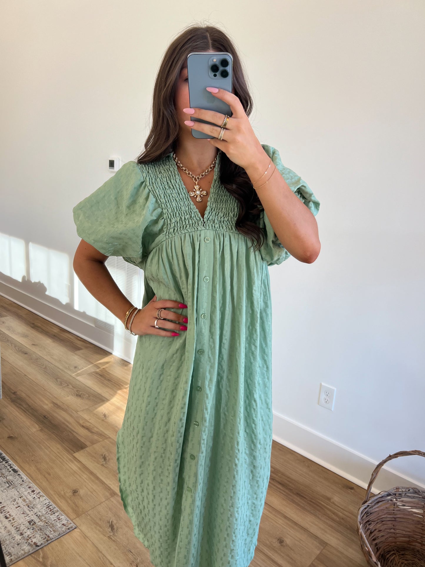 Sage Puff Sleeve Midi Dress