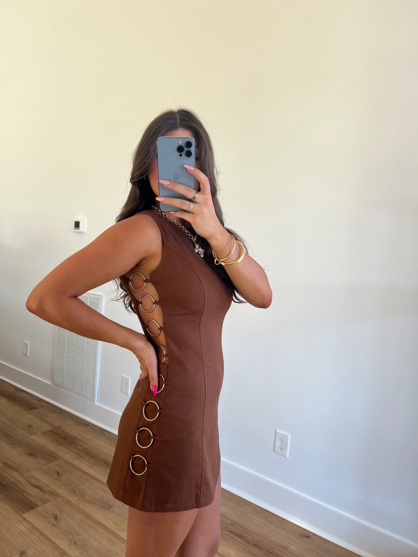 Brown Mini Dress W/ Silver Rings