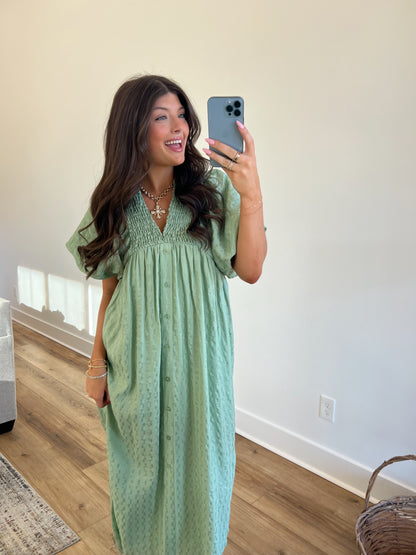 Sage Puff Sleeve Midi Dress