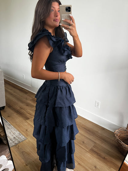 Navy Shimmer Ruffle Skirt Set