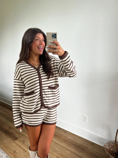 Stripe Cardigan Shorts Set (Brown)