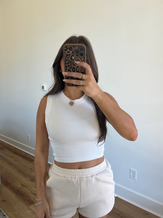 White Ribbed Sleeveless Tank