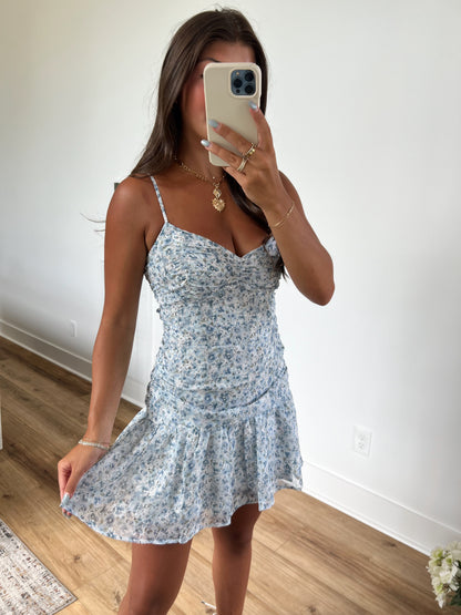 Blue Fitted Floral Mini Dress