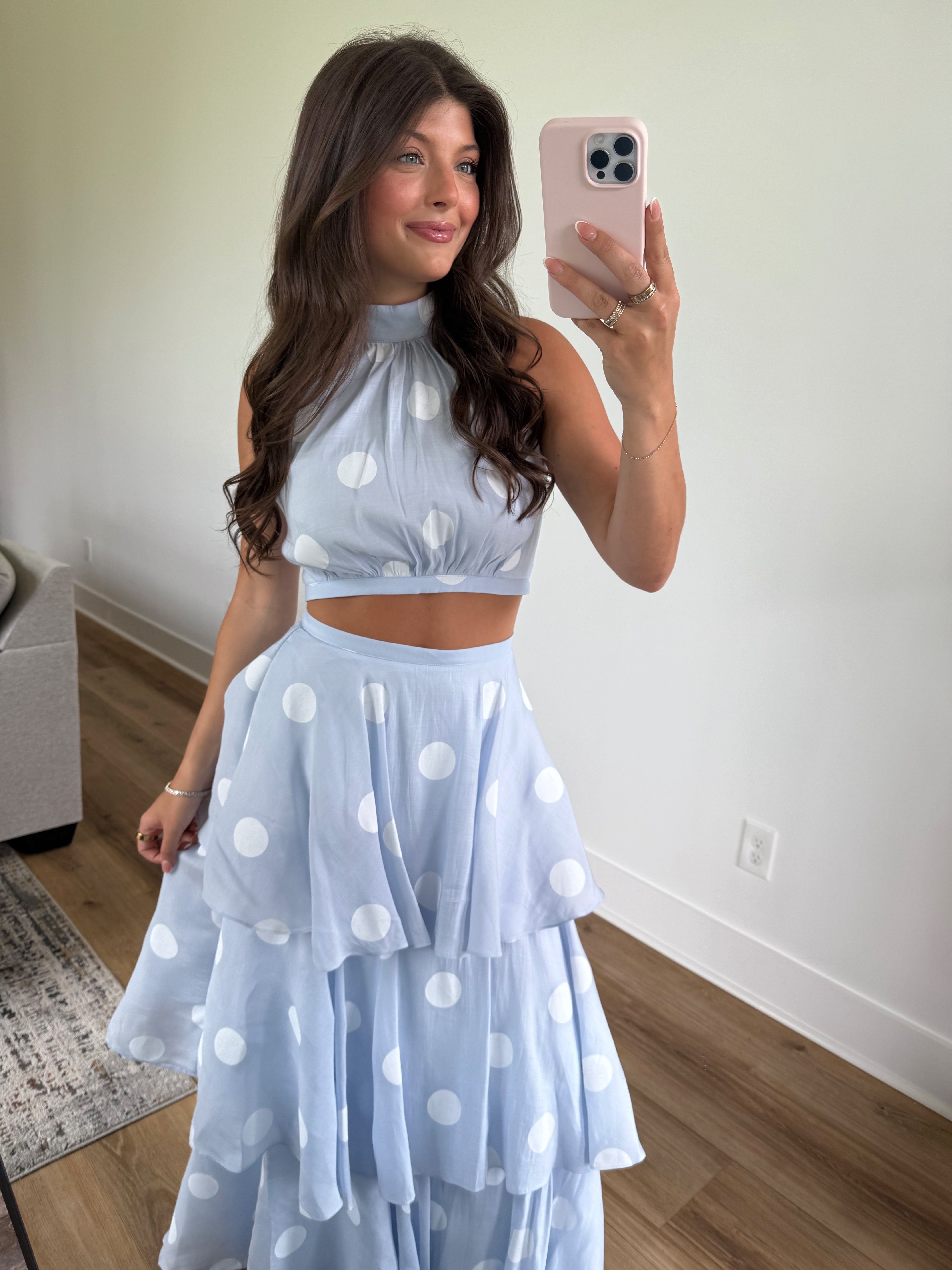 Baby Blue Polka Dot Maxi Skirt Set