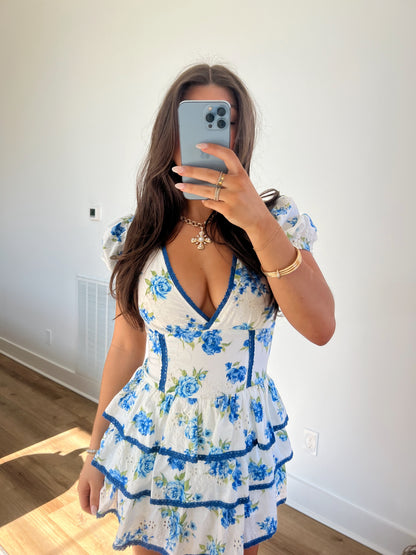 Blue Floral Ruffle Romper