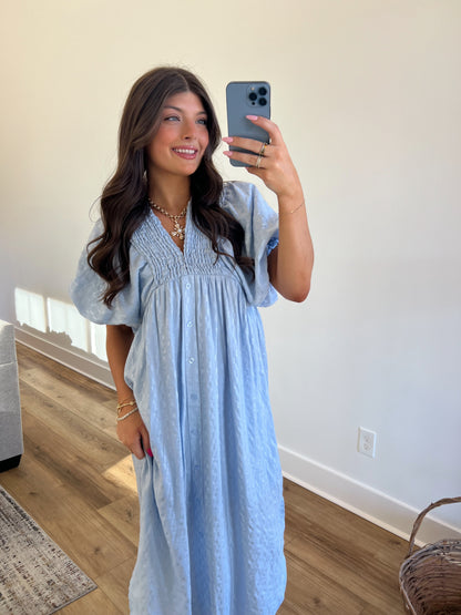 Baby Blue Puff Sleeve Midi Dress