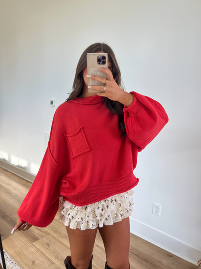 Red Cozy Balloon Sleeve Sweater