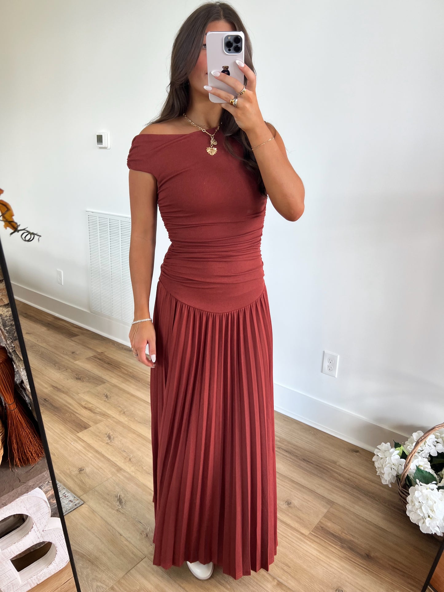 Brick Red One Shoulder Pleated Maxi Dress