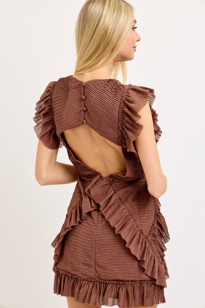 Brown Ruffle Back Cut-Out Mini Dress (Restock)