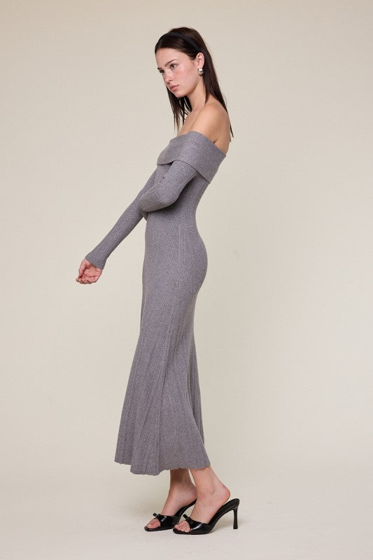Grey Off-The-Shoulder Ribbed Maxi Dress