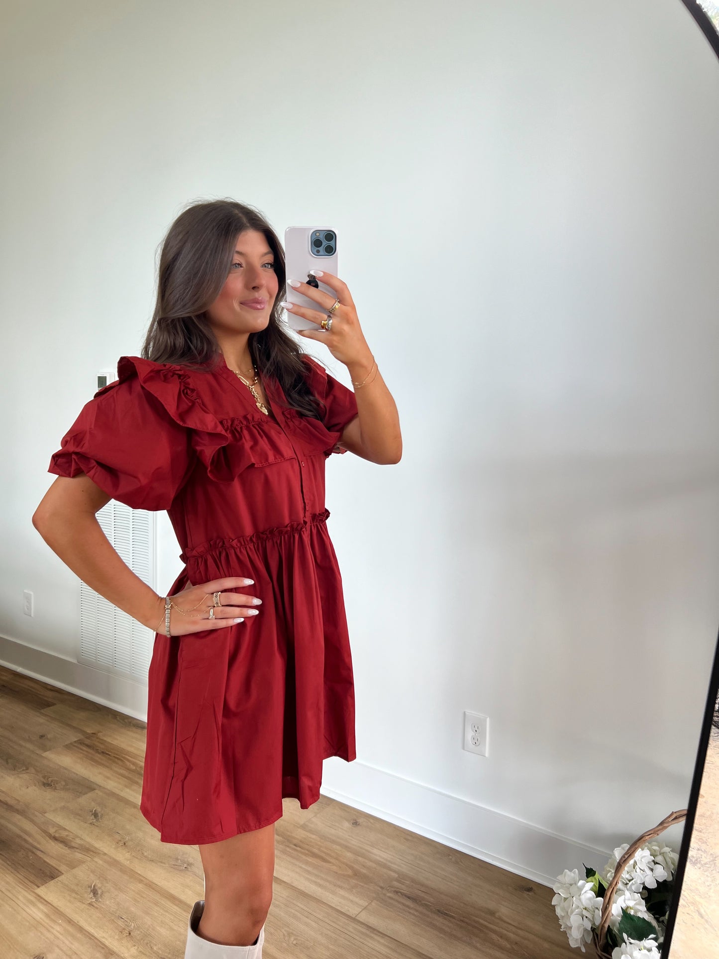 Brick Red Puff Sleeve Mini Dress