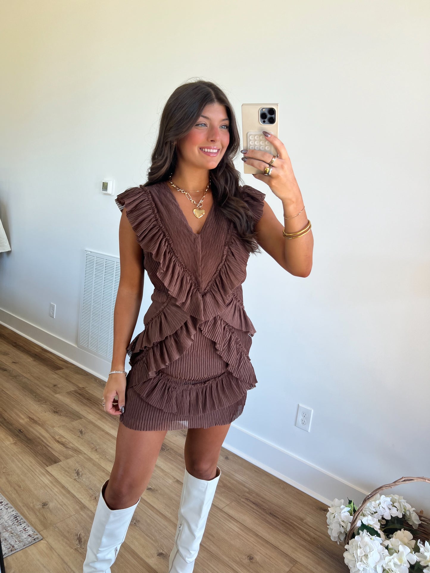 Brown Ruffle Back Cut-Out Mini Dress (Restock)