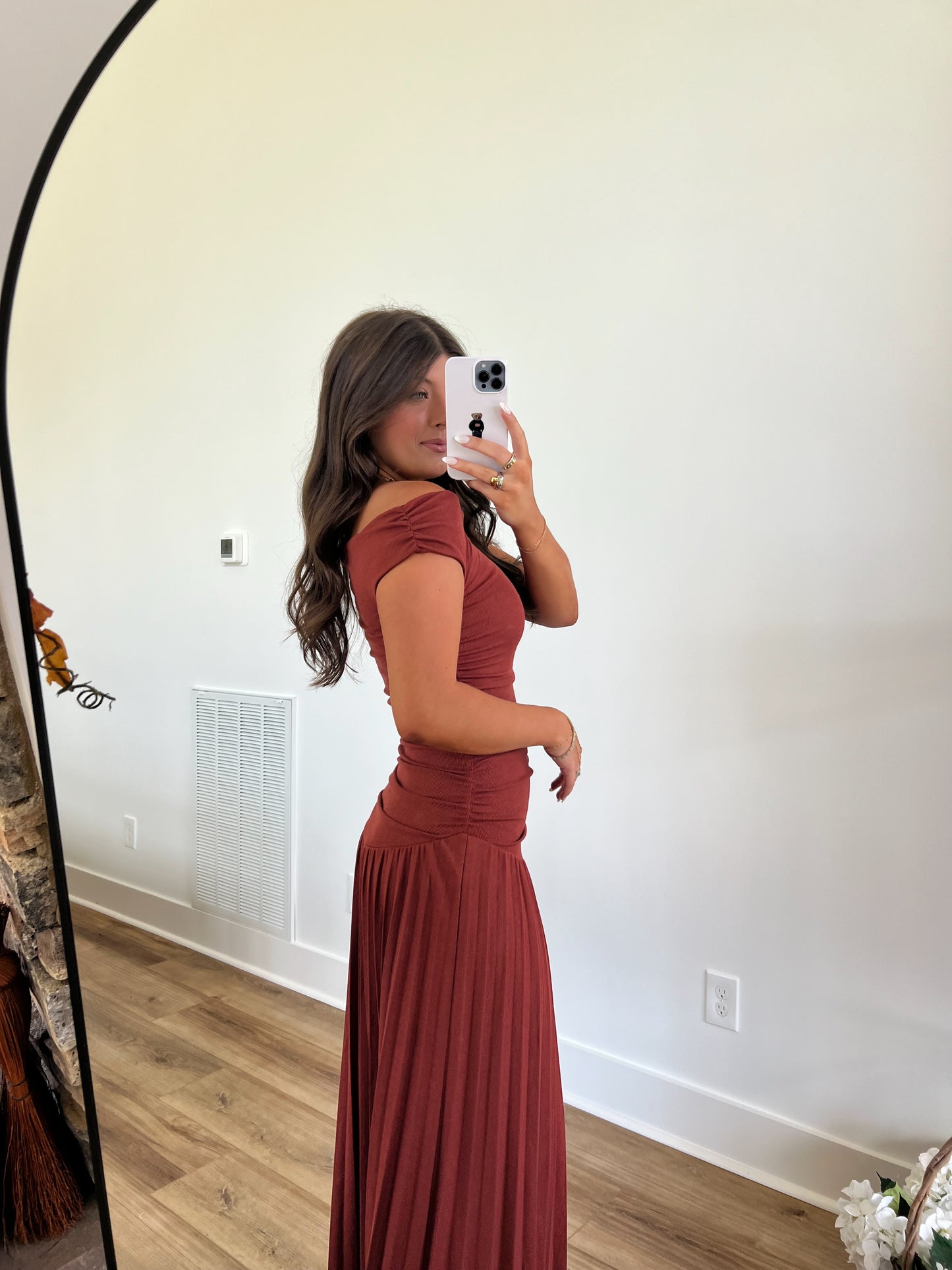 Brick Red One Shoulder Pleated Maxi Dress