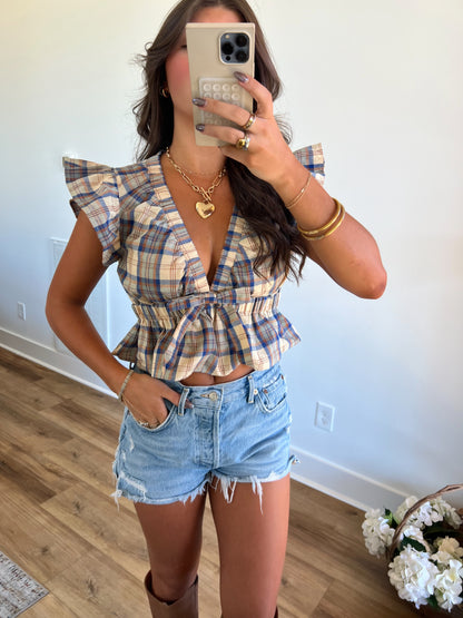 Blue Plaid Ruffle Top