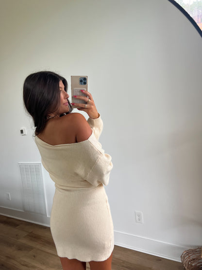 Cream Boat Neck Sweater Dress