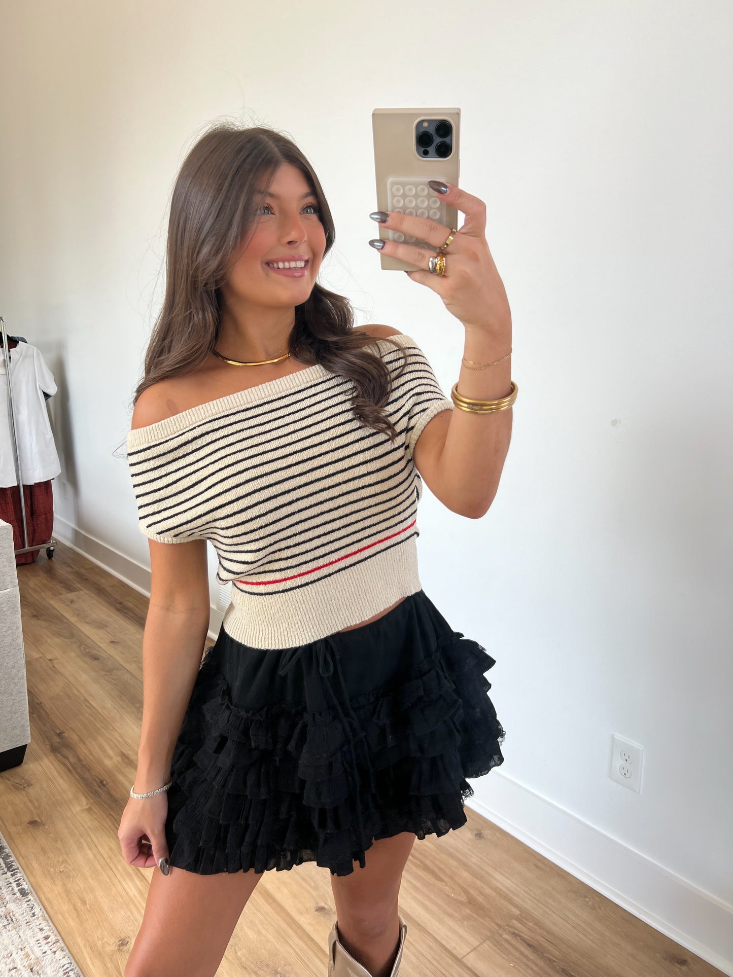 Cream Off The Shoulder Top (Black/Red Stripe)