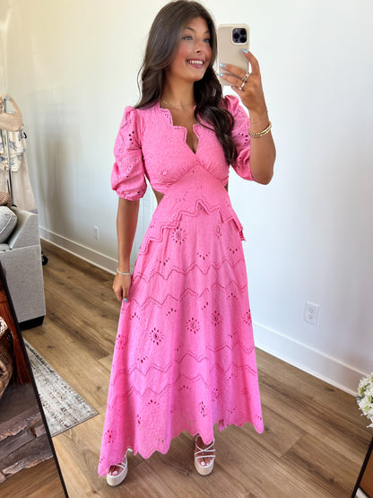 Pink Eyelet Puff Sleeve Maxi Dress