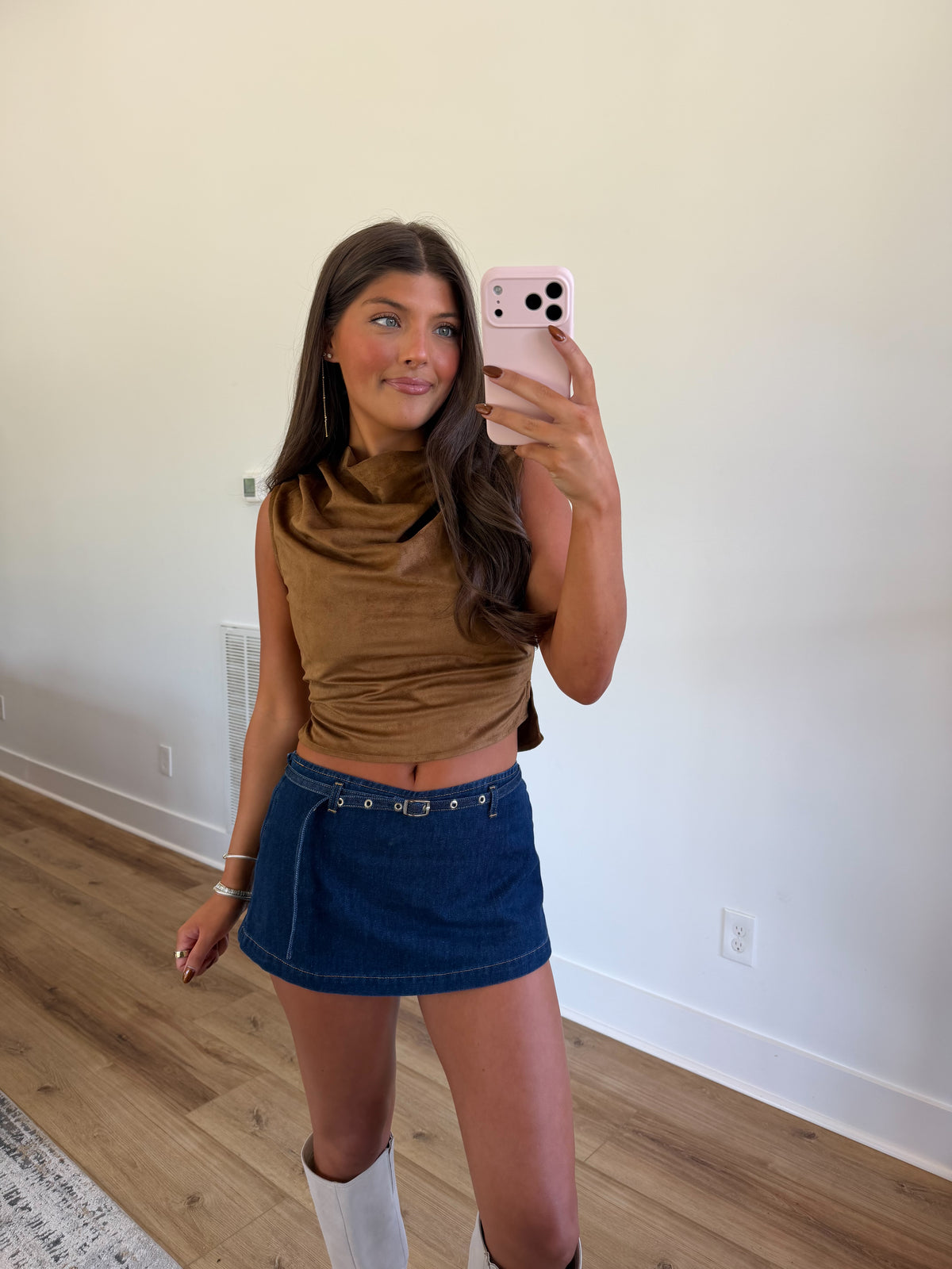 Camel Suede Cowl Neck Top