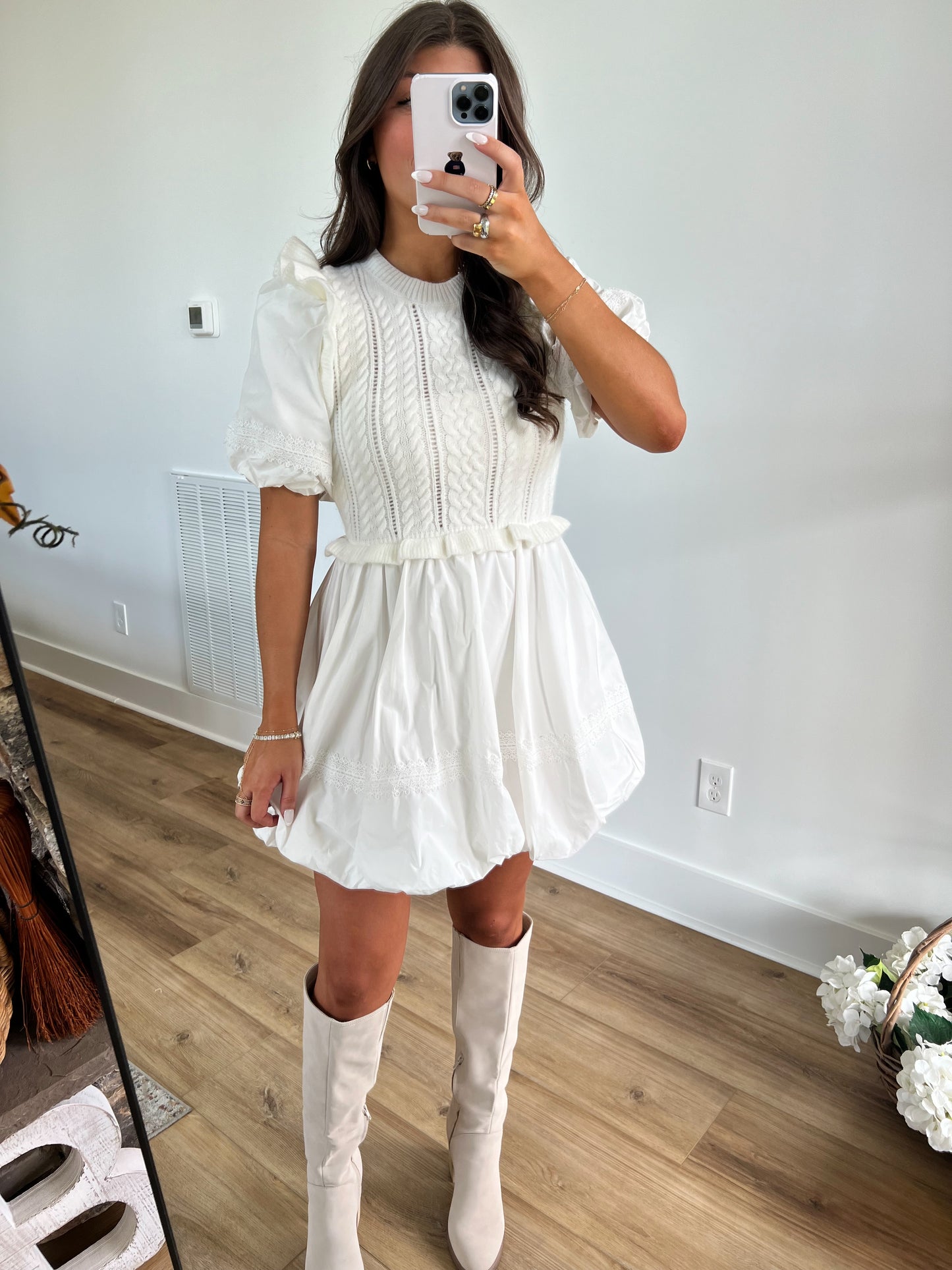 White Sweet Poplin Bubble Hem Mini Dress