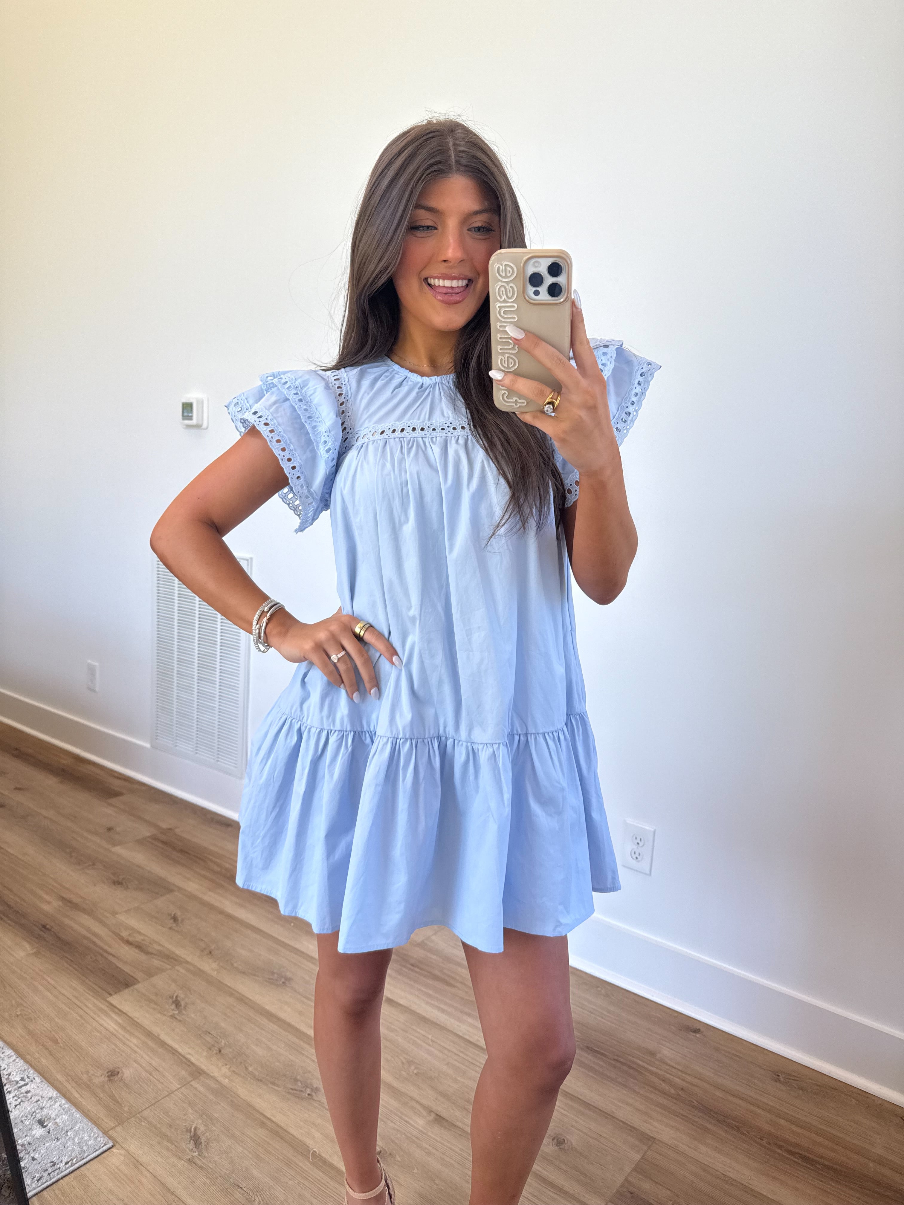 Blue Eyelet Ruffle Mini Dress