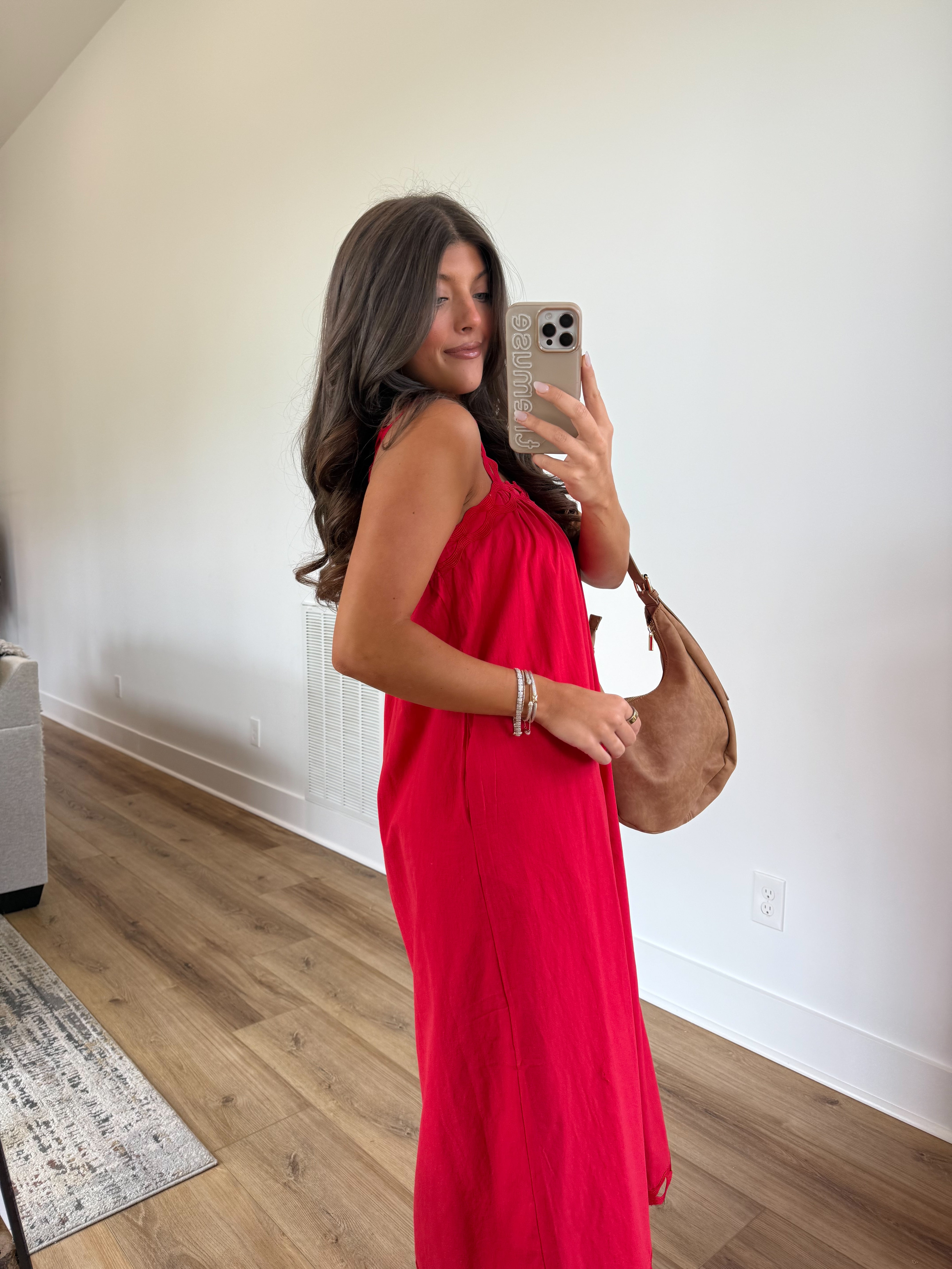 Red Scallop Midi Dress