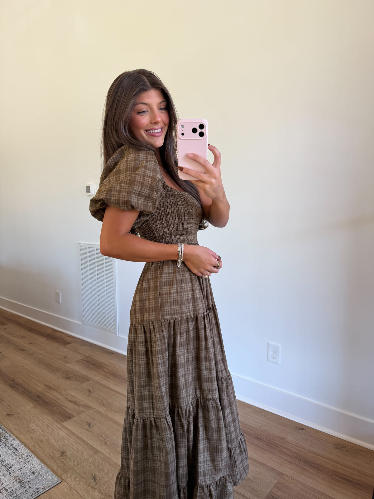 Brown Plaid Smocked Tiered Midi Dress