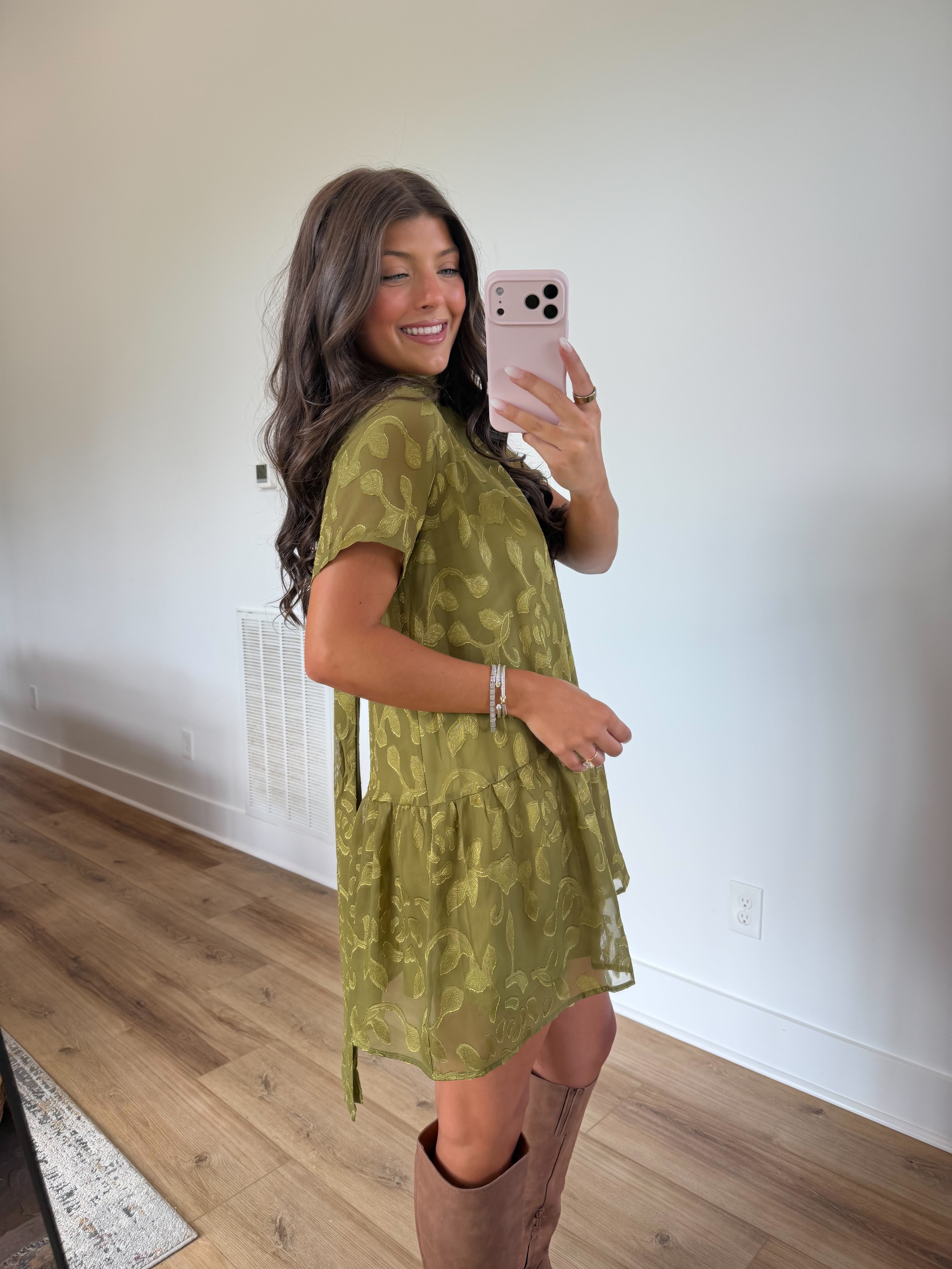 Olive Floral Jacquard Mini Dress