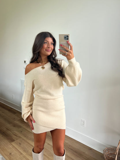 Cream Boat Neck Sweater Dress