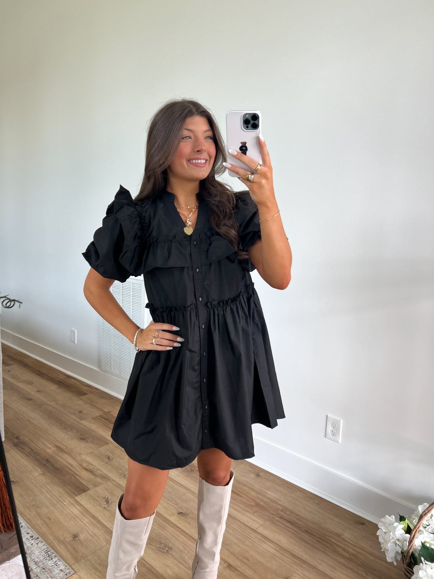 Black Puff Sleeve Mini Dress