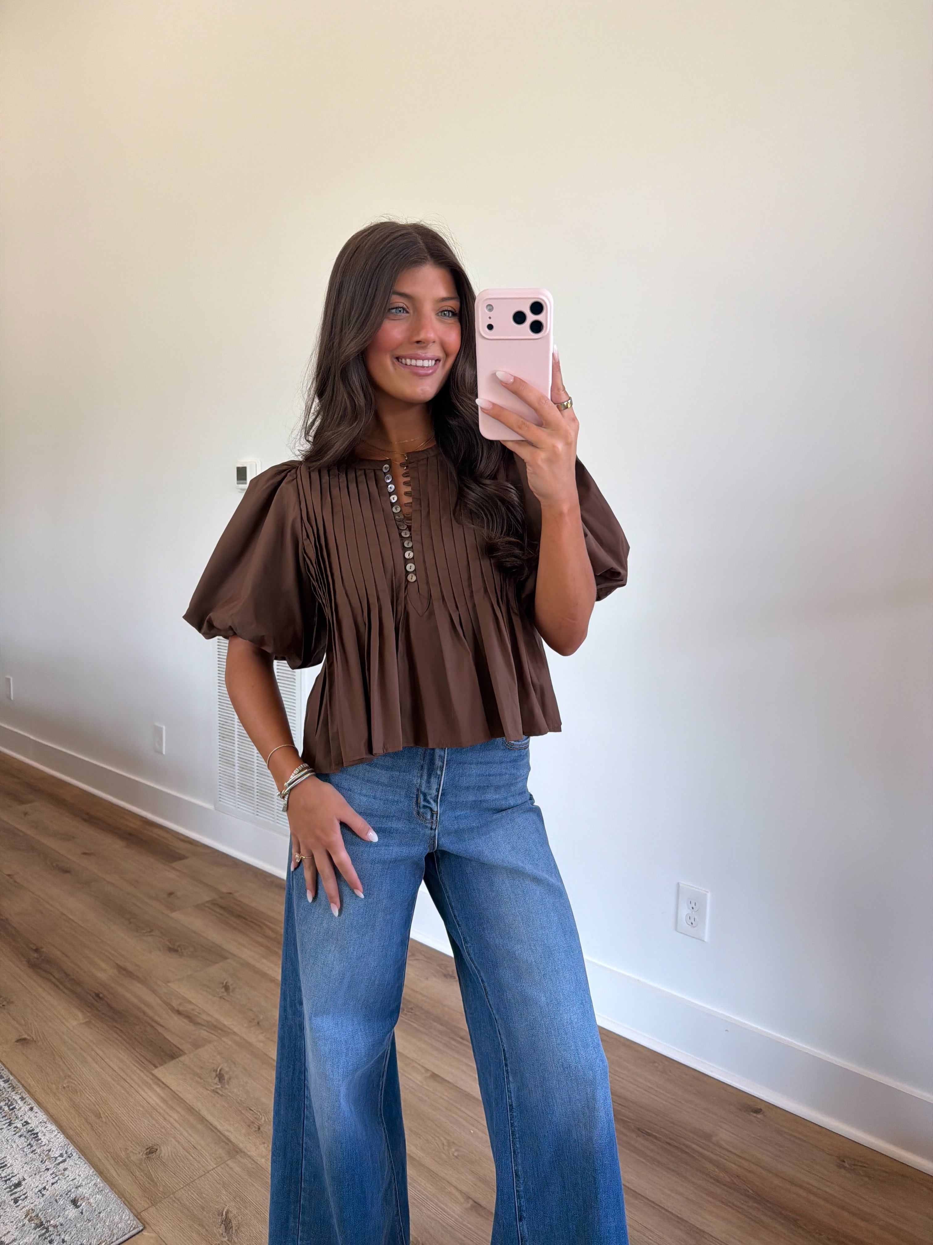 Brown Pleated Puff Sleeve Blouse (PRE-ORDER (1st week of October)/ Restock)