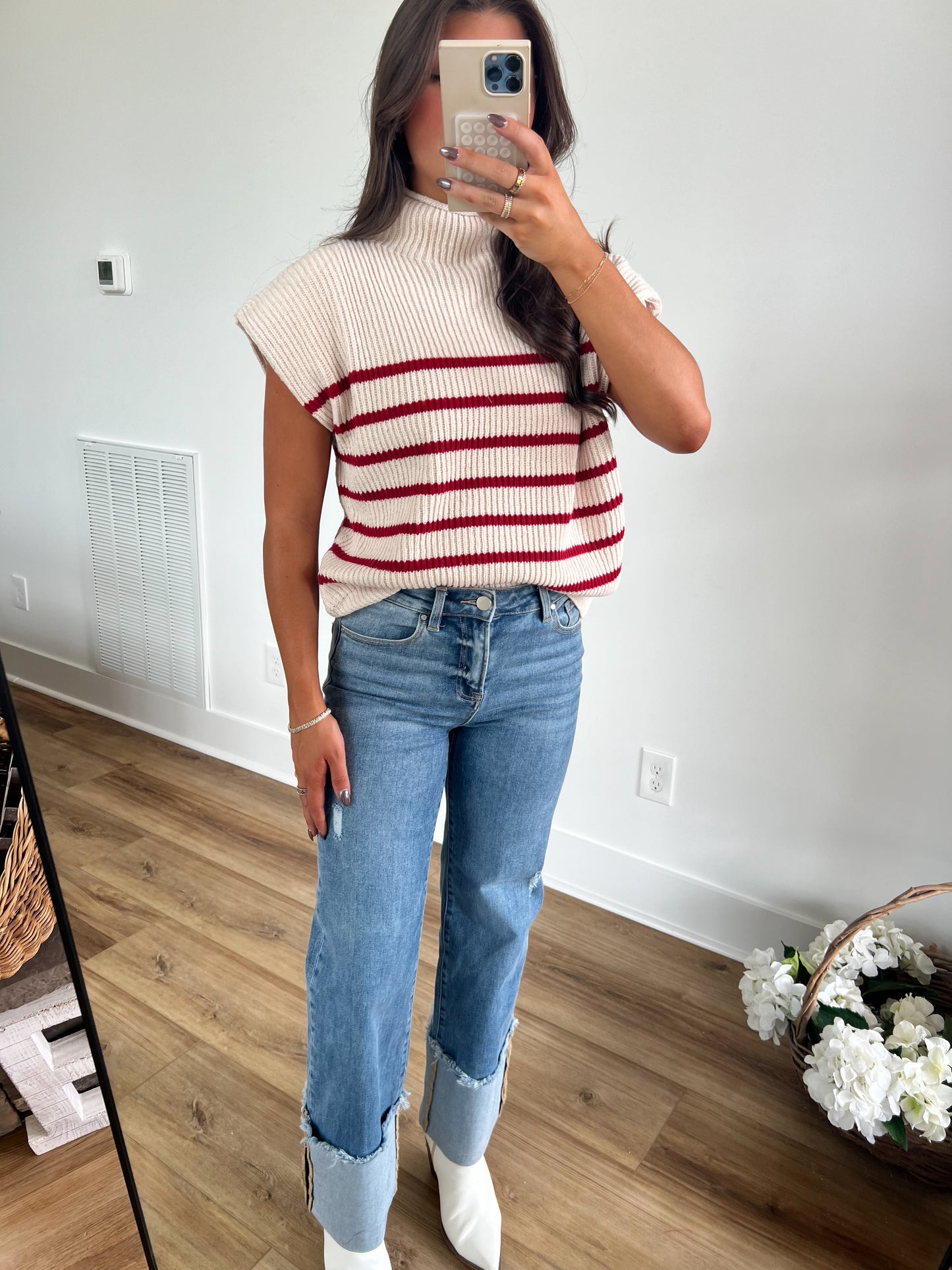 Power Shoulder Sweater Top (Red Stripe)