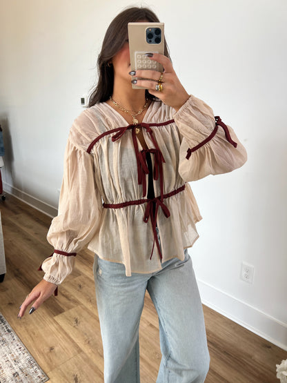 Front Tie Blouse (Cream/Maroon)