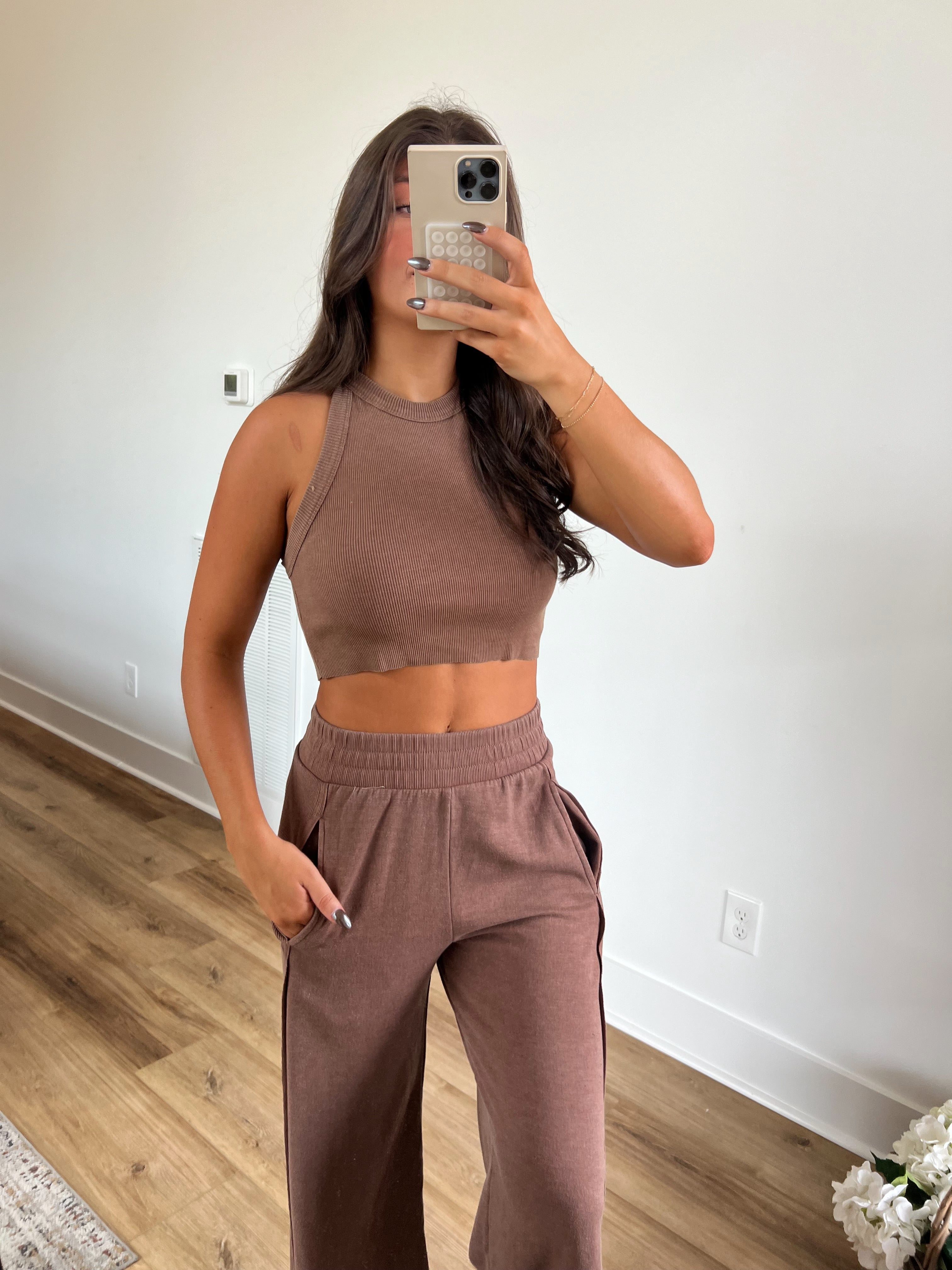 Ribbed Tank Wide Leg Pant Set (Chocolate Brown)(Restock)