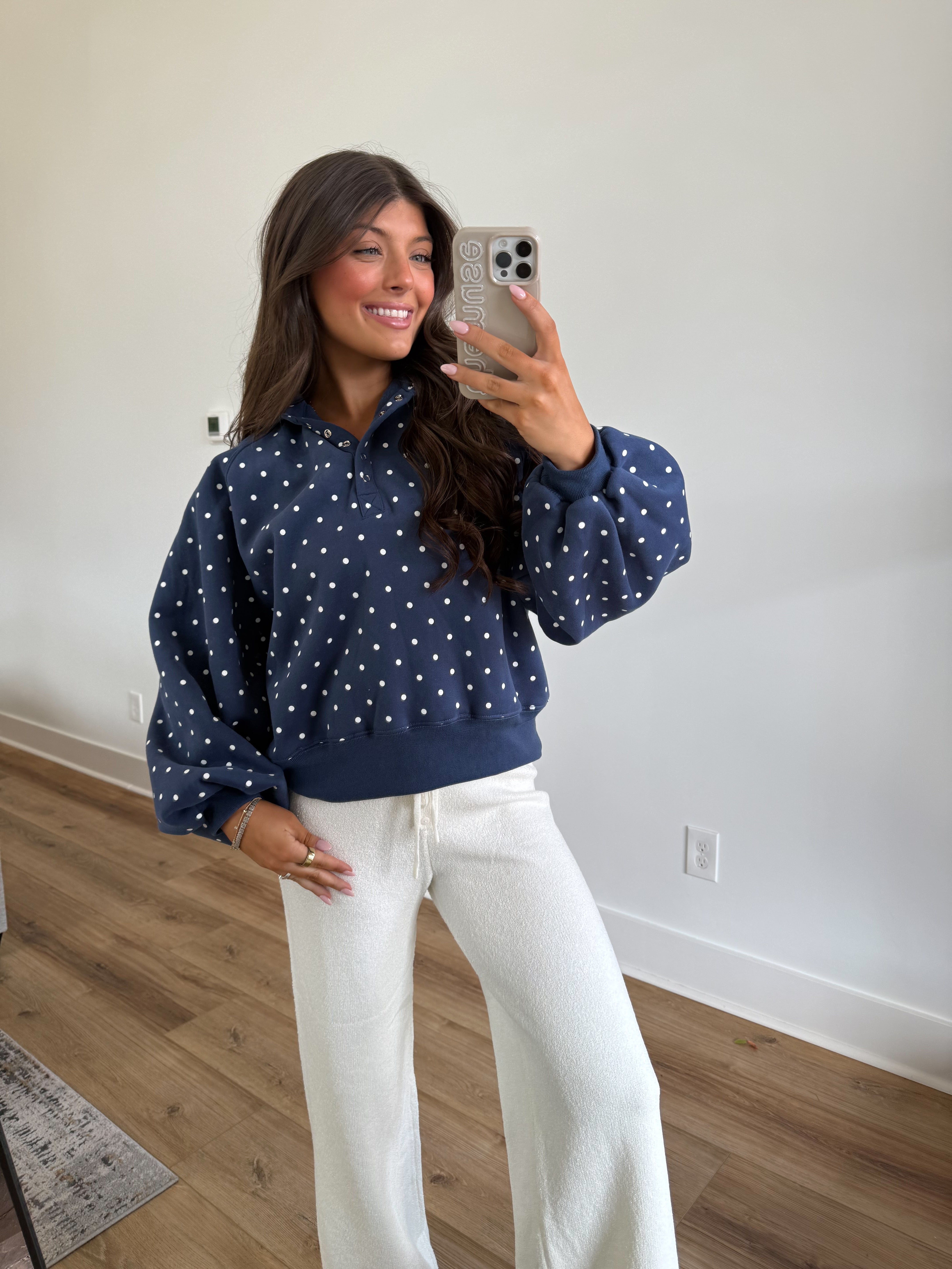 Navy Polka-Dot Snap Button Pullover