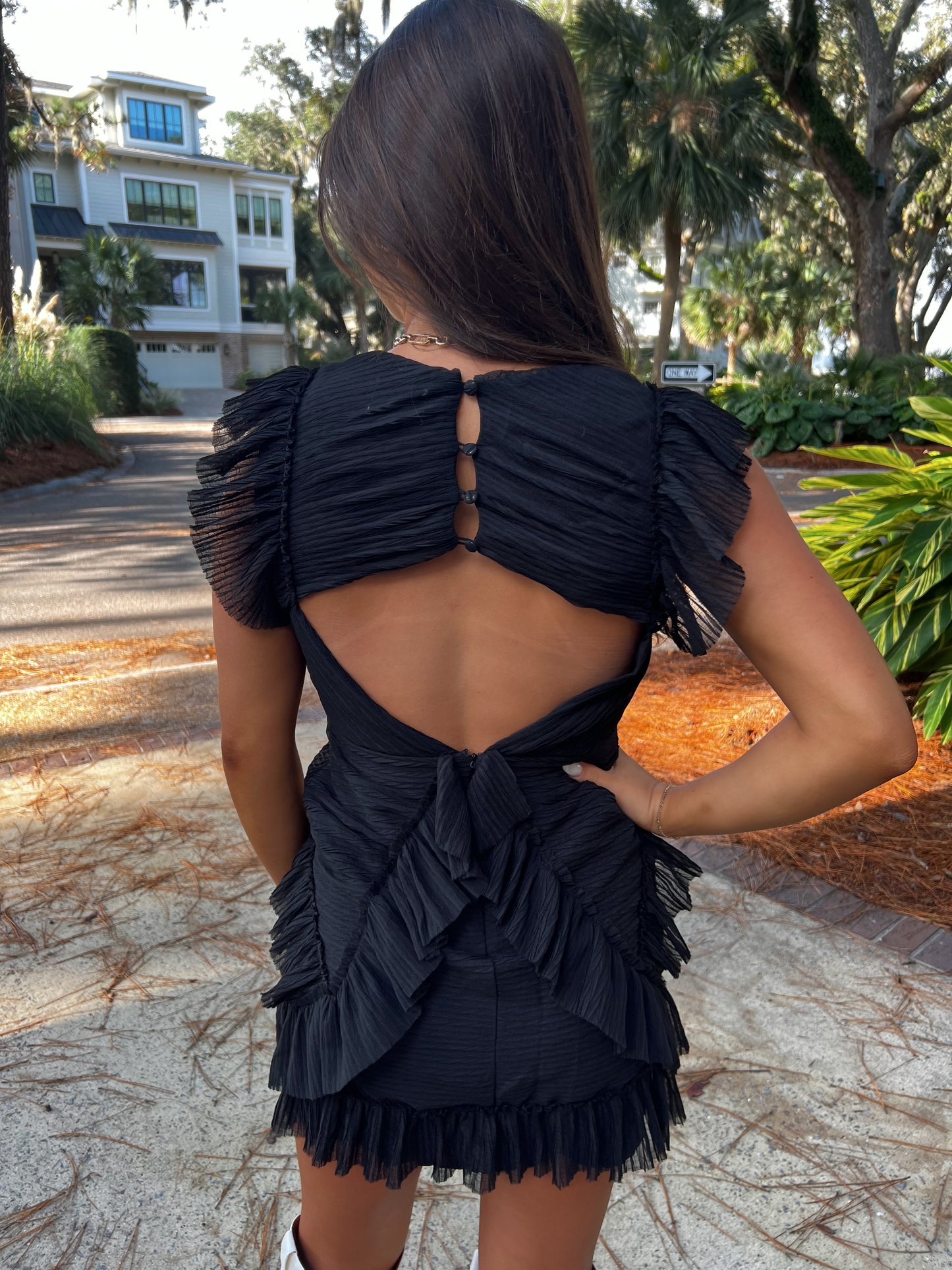 Black Ruffle Back Cut-Out Mini Dress