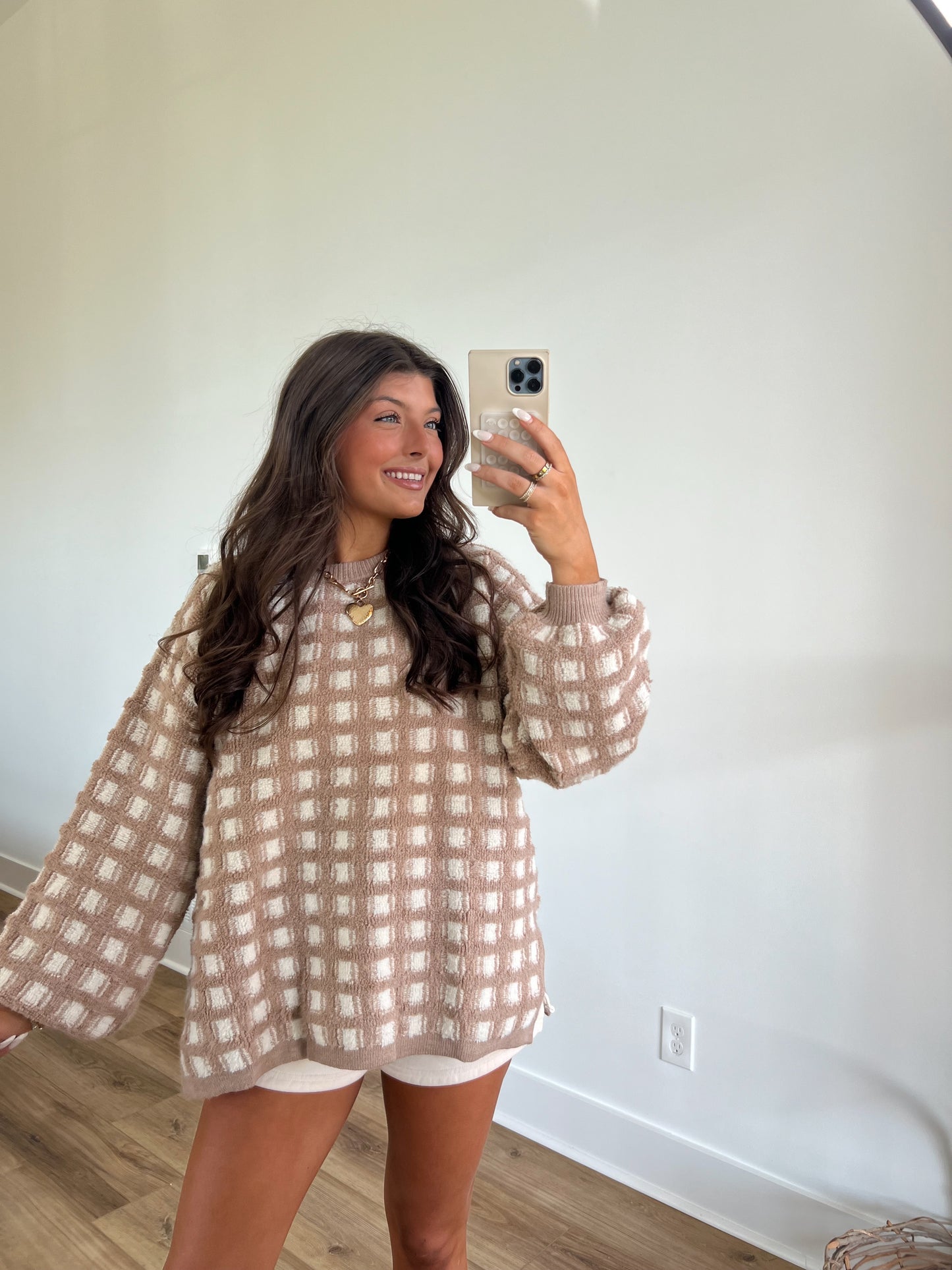 Taupe/Ivory Haddie Checkered Sweater